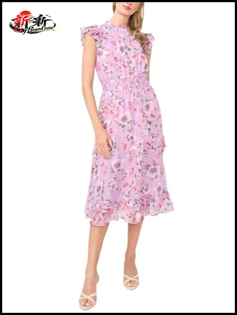 Flutter Sleeve Smocked Waist Midi Dress A-Line Floral